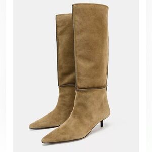 ZARA SPLIT LEATHER TOPSTITCHING BOOTS KITTEN HEEL 6 36 SUEDE 2001/610 KNEE HIGH